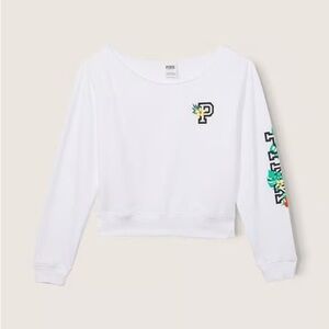 Victorias Secret Pink Lounge Crop Crew Sweater White Tropical Size Small